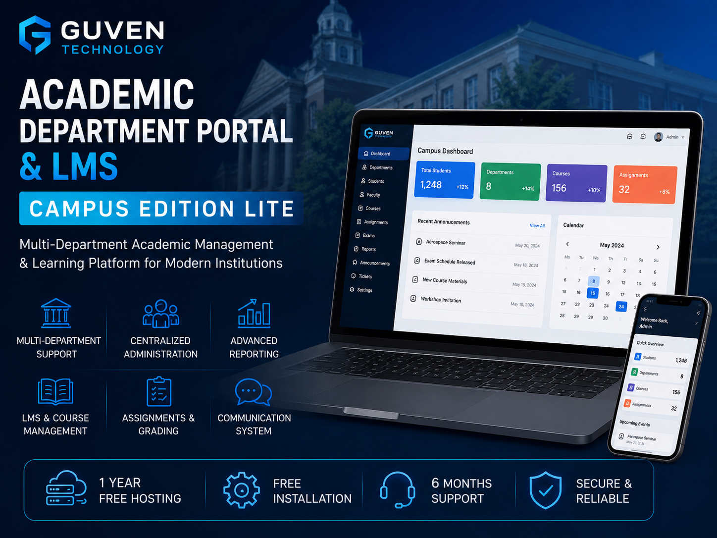 Guven Technology banner advertising Academic Department Portal & LMS Campus Edition Lite with a laptop dashboard and a smartphone app view.