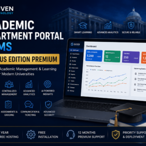 Hero banner for Guven Technology's Academic Department Portal & LMS Campus Edition Premium with a laptop showing the dashboard and promotional features like unlimited departments and AI-powered insights.