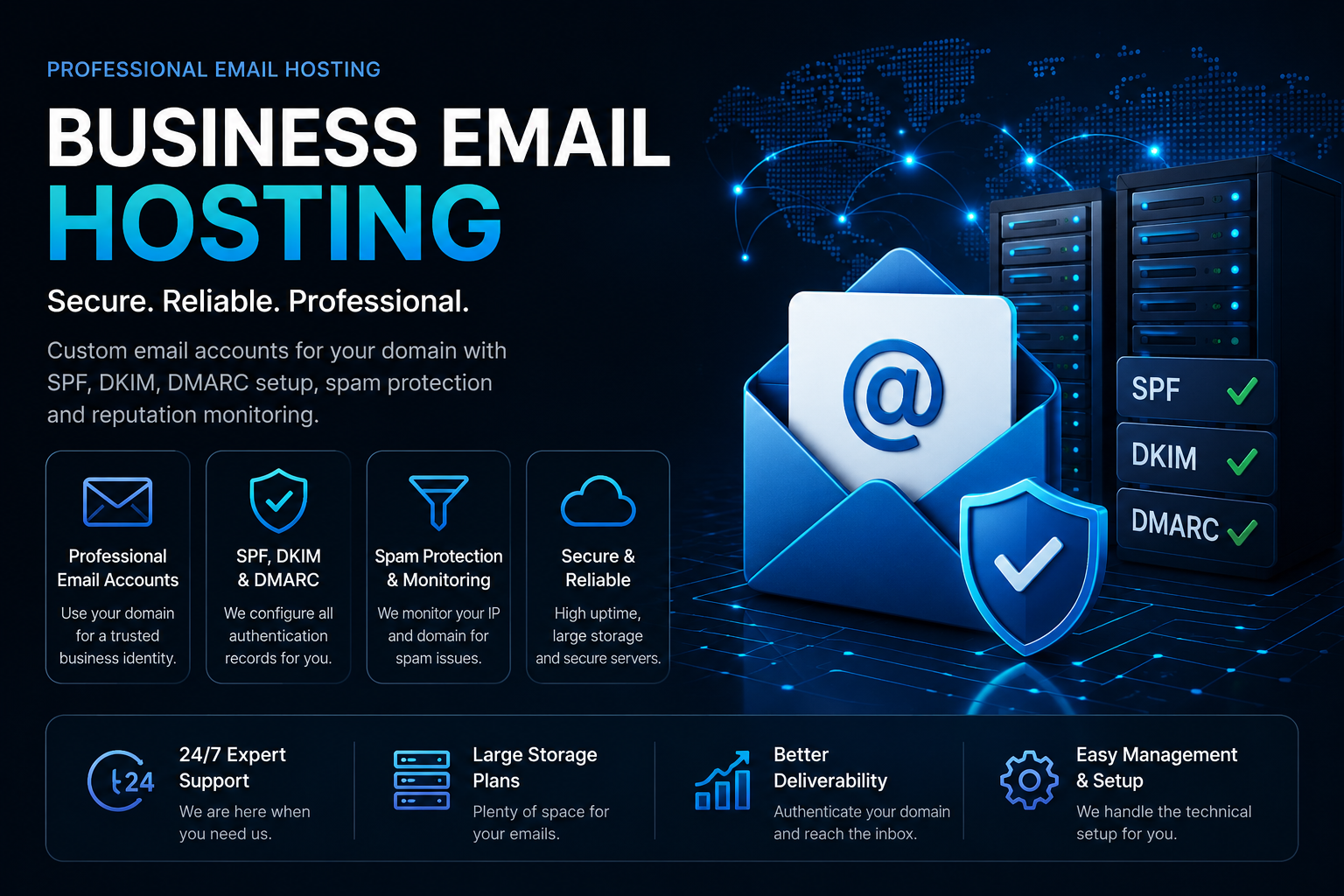 Banner: 'BUSINESS EMAIL HOSTING' headline with a blue envelope, shield, and server racks on a dark tech background.