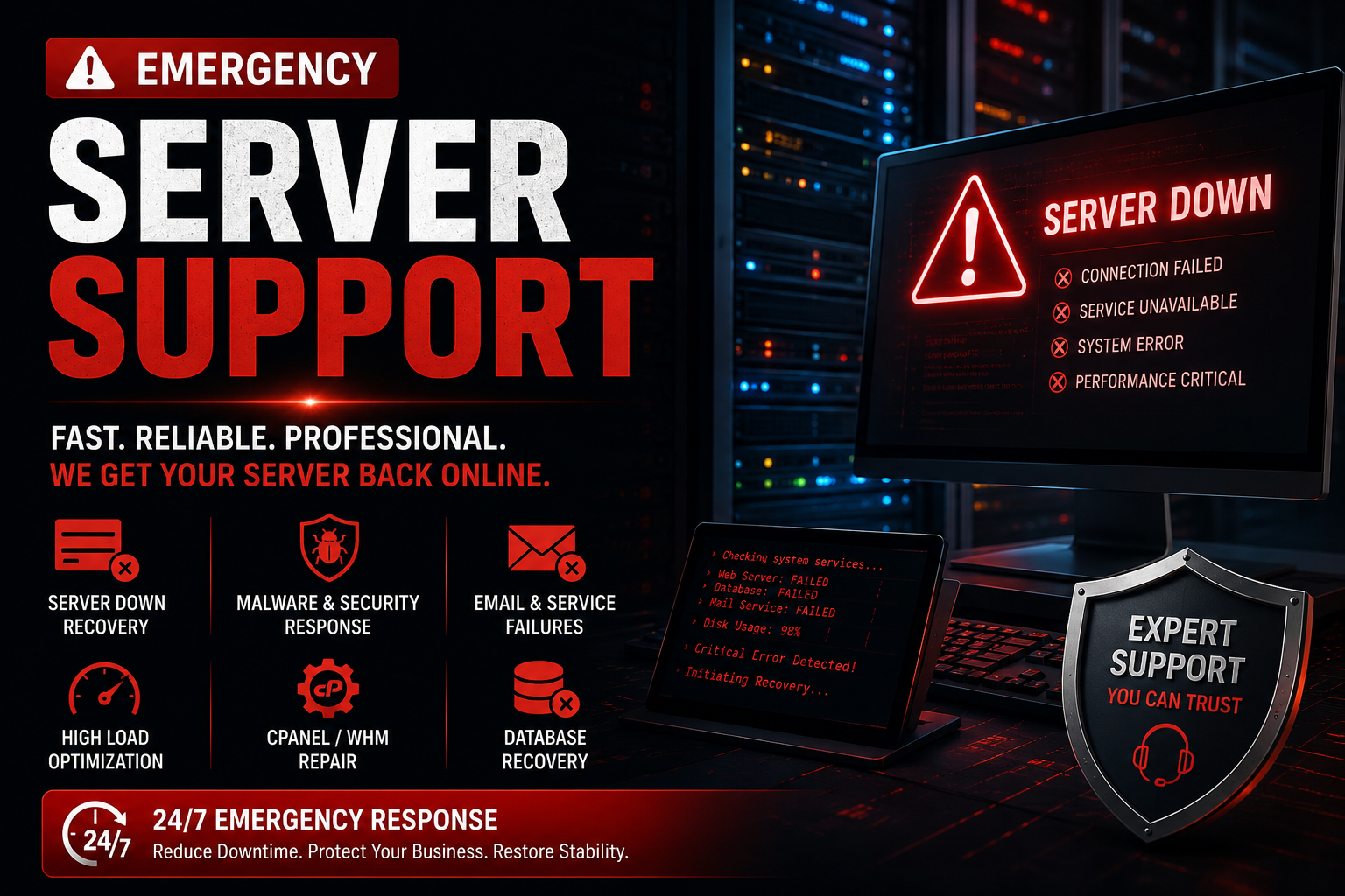 Emergency server support banner featuring a 'Server Down' alert and 24/7 response promise in red and black.