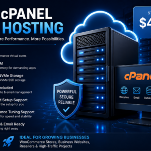 Promotional banner for Pro CPanel VPS Hosting showing a server rack, neon blue cloud, and a price tag reading 'Starting at $49.99/month' on the right.